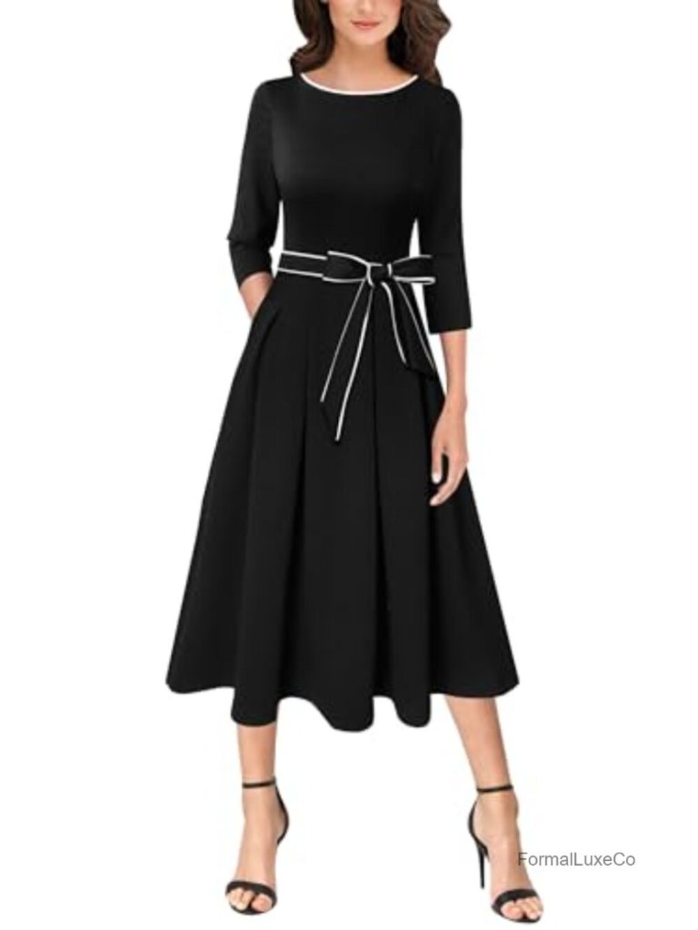 Women's Work Midi Dress with Pockets 3/4 Sleeve Tie Waist A-Line Belted